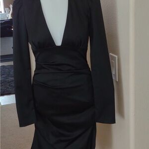 NWT- Nicole Miller Black Ruched Sheath Dress with Plunge Neckline